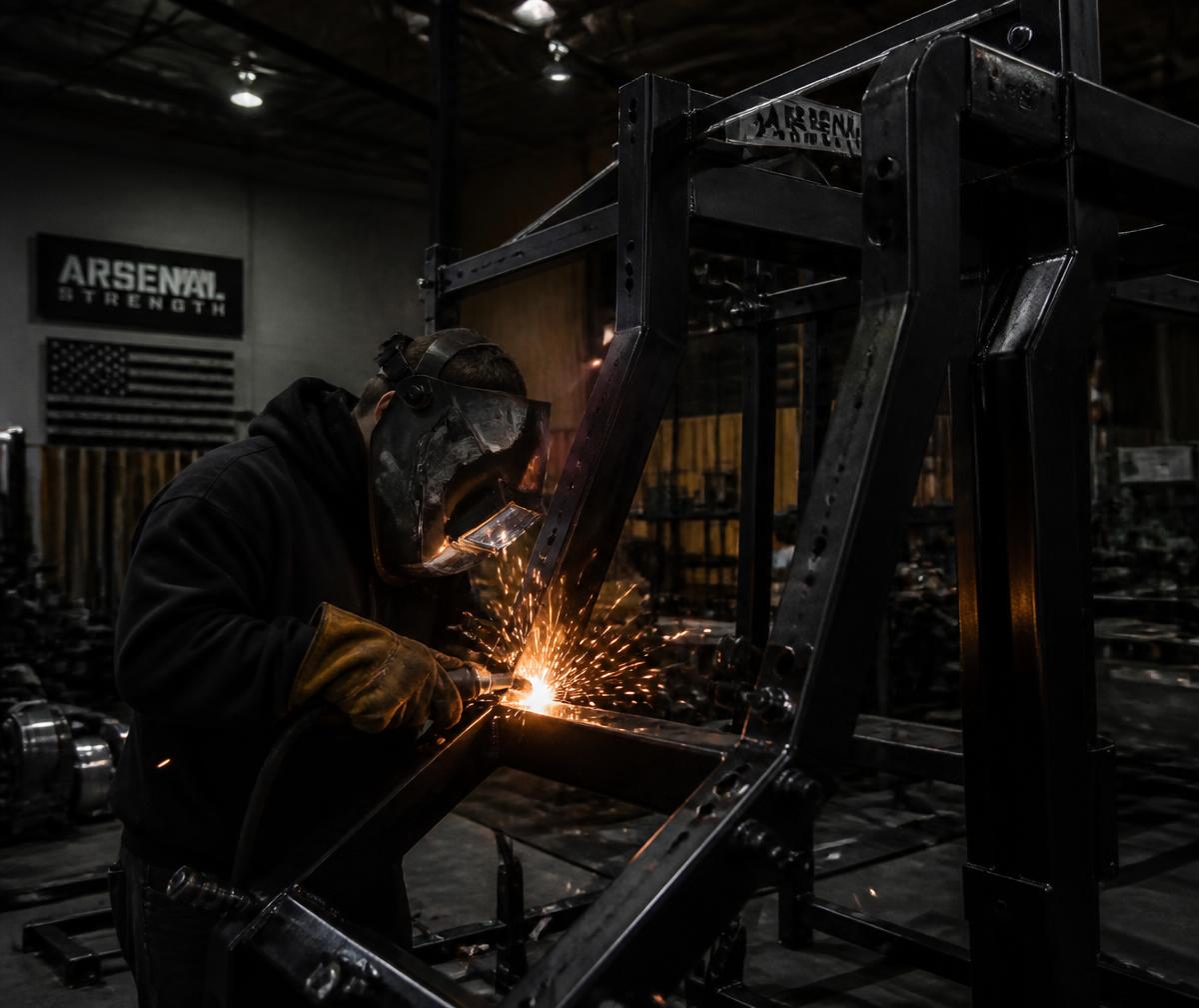 Welder fabricating a steel gym machine frame in the CJ Fitness workshop