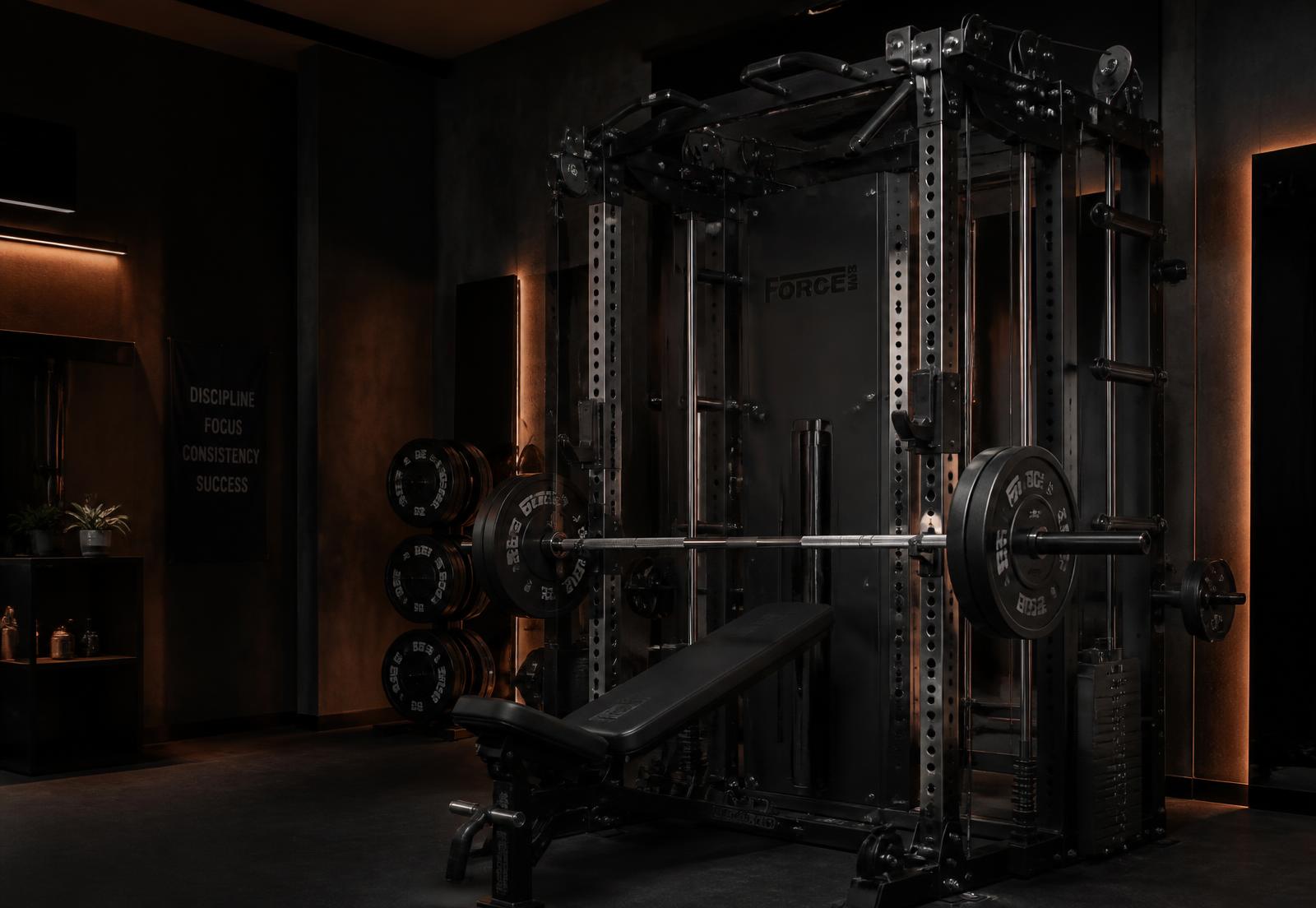 Heavy-duty home gym with steel power rack, barbell and weight plates